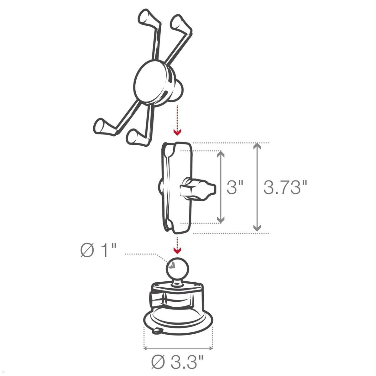 RAM Mounts X-Grip Saugnapf Phablet Halterung mit B-Kugel (RAM-B-166-UN10U), schwarz, technische Zeichnung RAM Mounts X-Grip Saugnapf Phablet Halterung mit B-Kugel (RAM-B-166-UN10U), schwarz, technische Zeichnung
