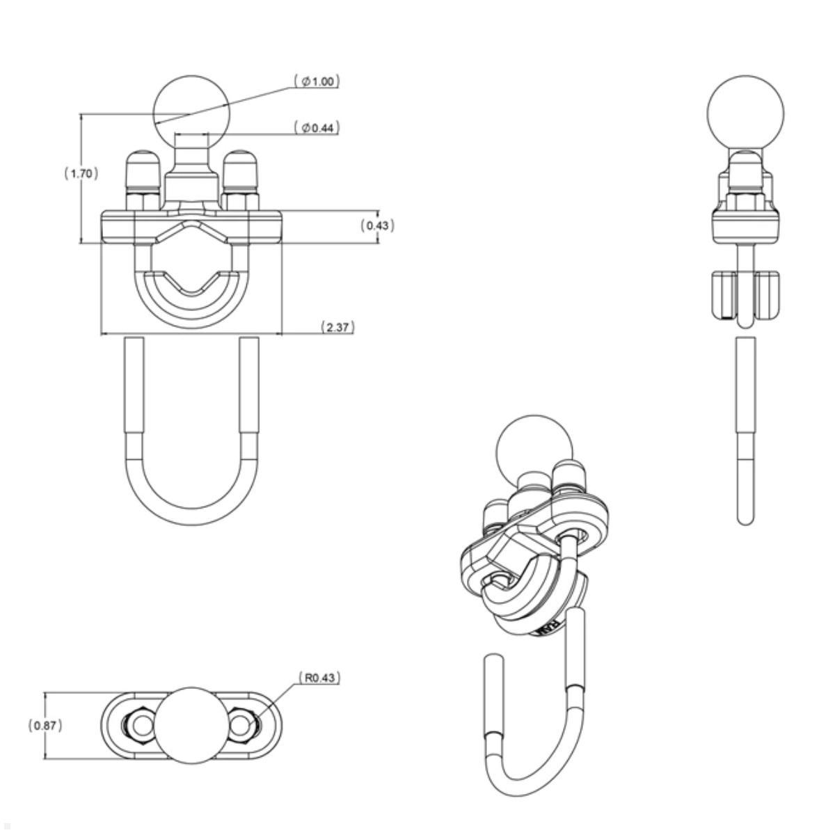 RAM Mounts Schraub-Klemmschelle 12,7 - 31,8 mm mit B-Kugel (RAM-B-231ZU), schwarz, technische Zeichnung RAM Mounts Schraub-Klemmschelle 12,7 - 31,8 mm mit B-Kugel (RAM-B-231ZU), schwarz, technische Zeichnung