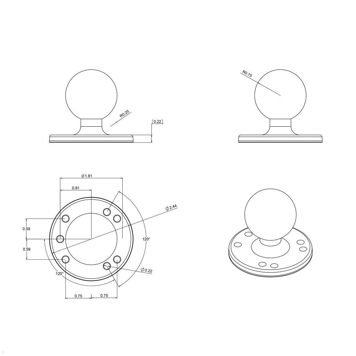 RAM Mounts Basisplatte rund mit C-Kugel (1,5 Zoll), Zeichnung und Maße RAM Mounts Basisplatte rund mit C-Kugel (1,5 Zoll), Zeichnung und Maße