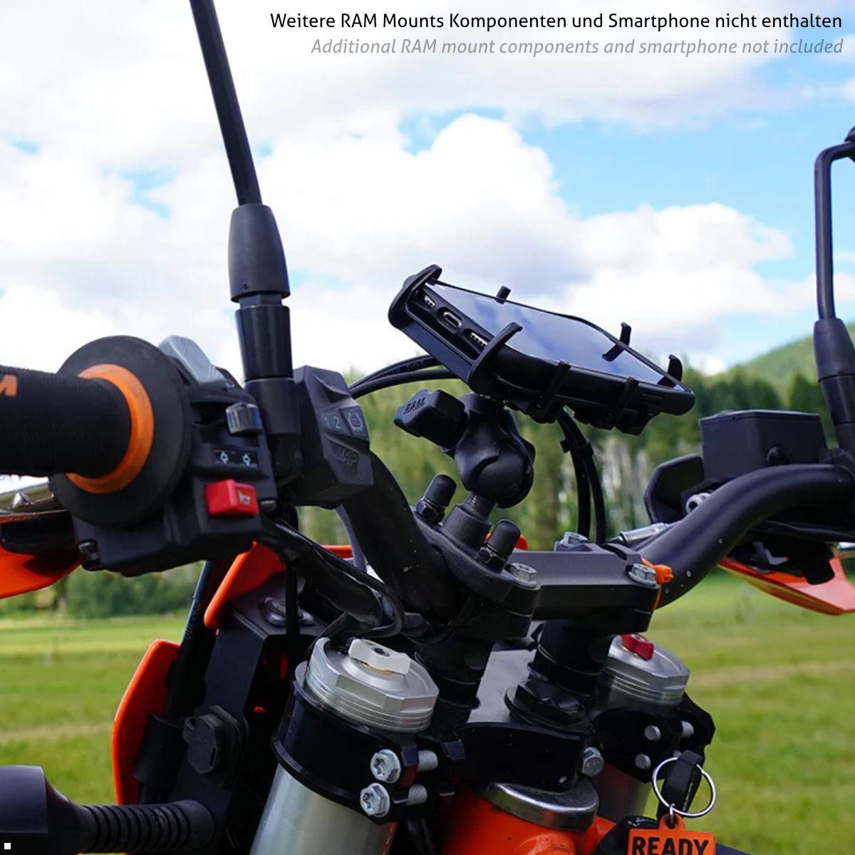 RAM Mounts Schraub-Klemmschelle 12,7 - 31,8 mm mit B-Kugel (RAM-B-231ZU), schwarz, Anwendungsbeispiel mit Smartphone RAM Mounts Schraub-Klemmschelle 12,7 - 31,8 mm mit B-Kugel (RAM-B-231ZU), schwarz, Anwendungsbeispiel mit Smartphone