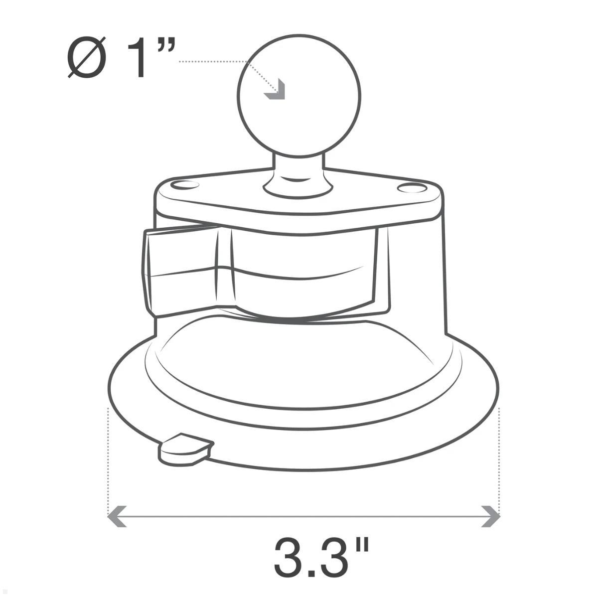 RAM Mounts Drehverschluss Saugnapf Halterung mit B-Kugel (RAM-B-224-1U), schwarz, Abmessungen RAM Mounts Drehverschluss Saugnapf Halterung mit B-Kugel (RAM-B-224-1U), schwarz, Abmessungen