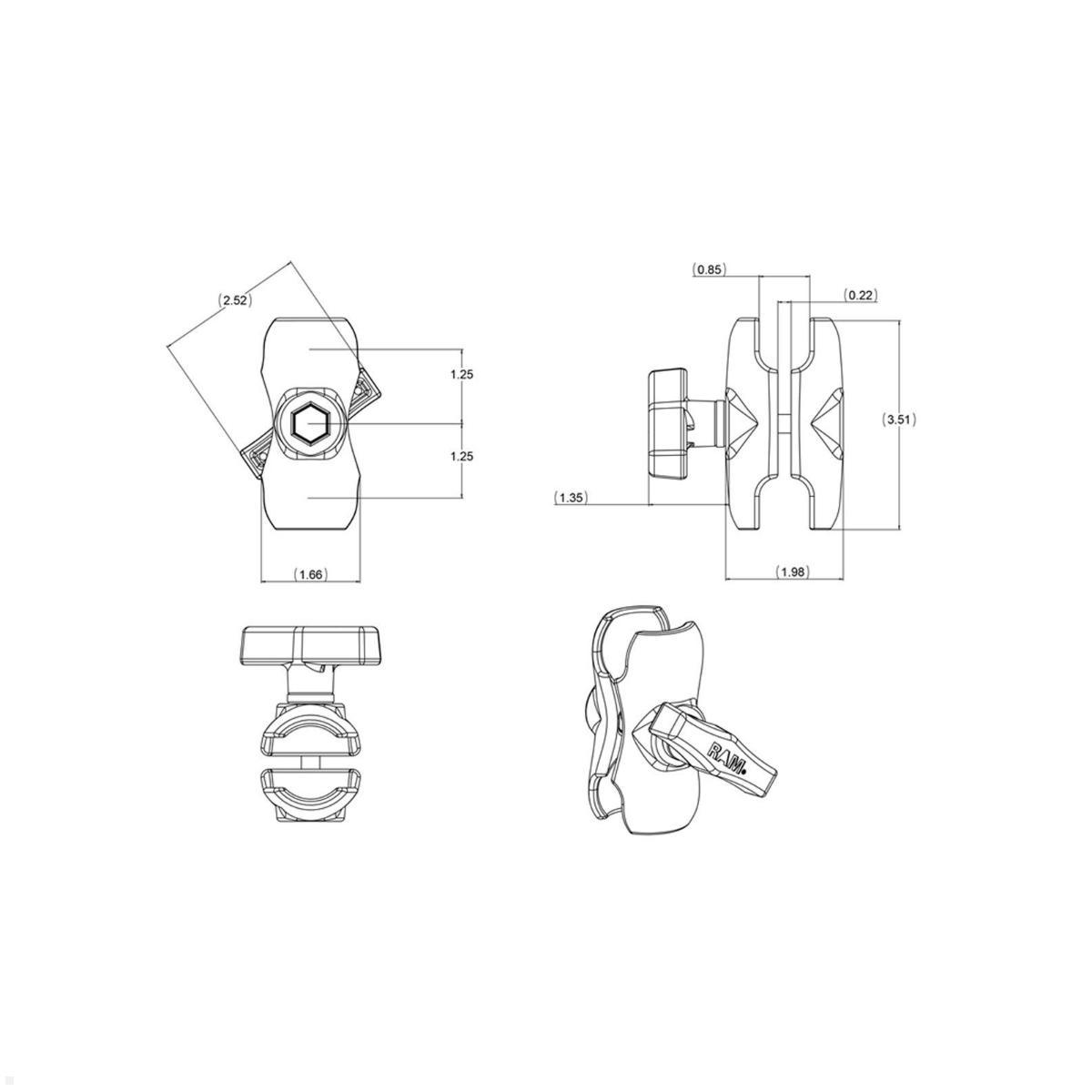 RAM Mounts Verbindungsarm kurz für C-Kugeln 1,5 Zoll (RAM-201U-B), Zeichnung Maße RAM Mounts Verbindungsarm kurz für C-Kugeln 1,5 Zoll (RAM-201U-B), Zeichnung Maße